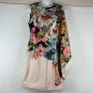 Ted Baker 1 London Sew in Love Floral Asymmetric Draped Sheath Dress Black Pink